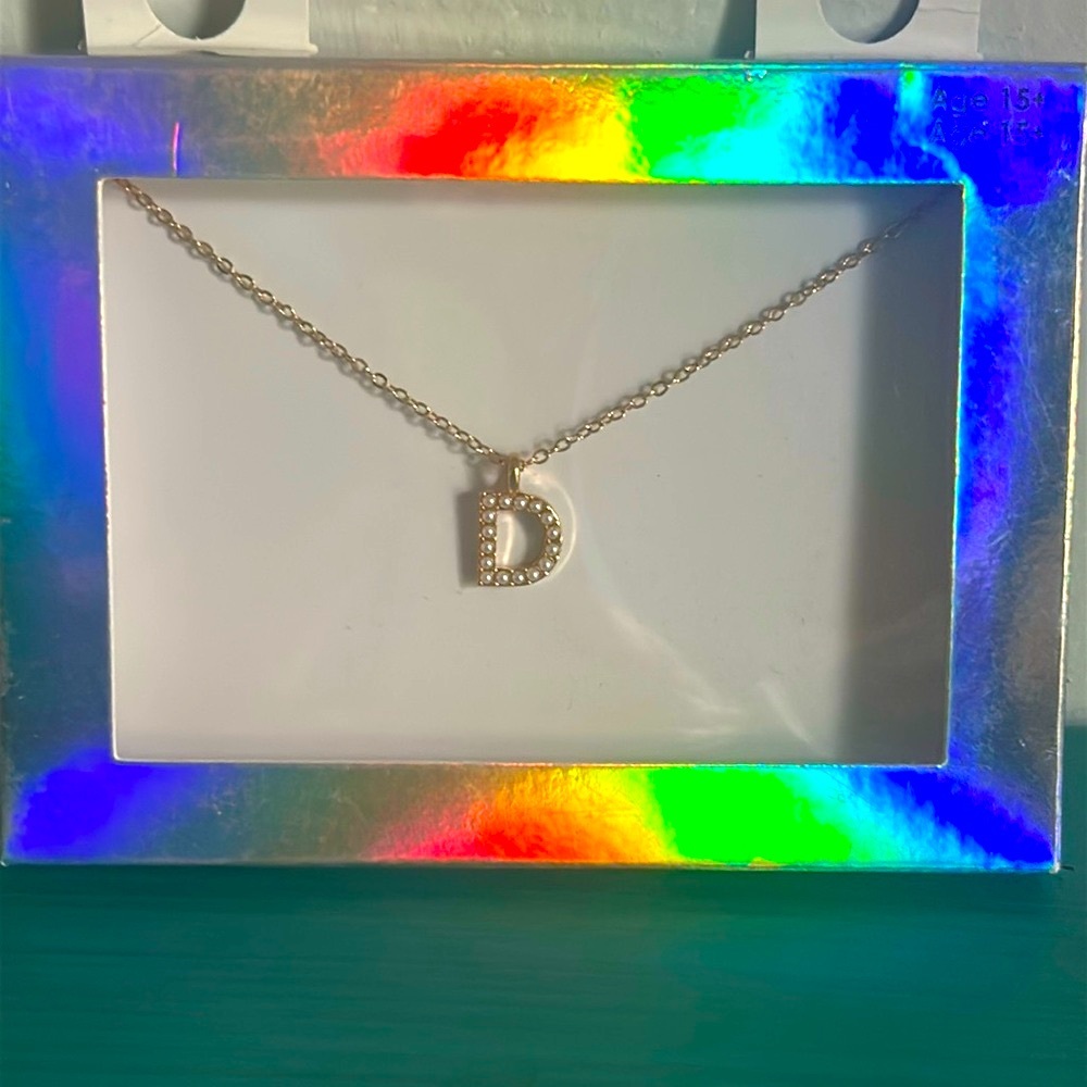 New Faux Pearl Encrusted “D” Initial Pendant Fashion Gold Tone Chain Necklace